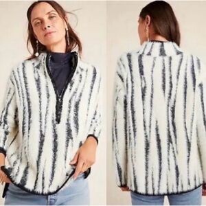 Anthropologie Cindy Eyelash Half-ZIp Pullover Fuzzy Ivory Black Sweater XS